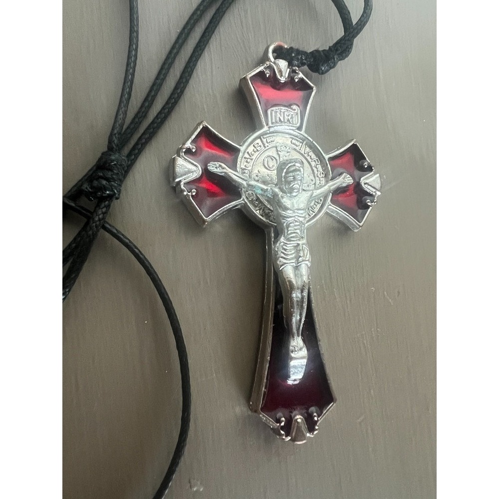 Saint Benedict Crucifix Necklace Red‎ Enamel Cross Pendant Catholic Protection